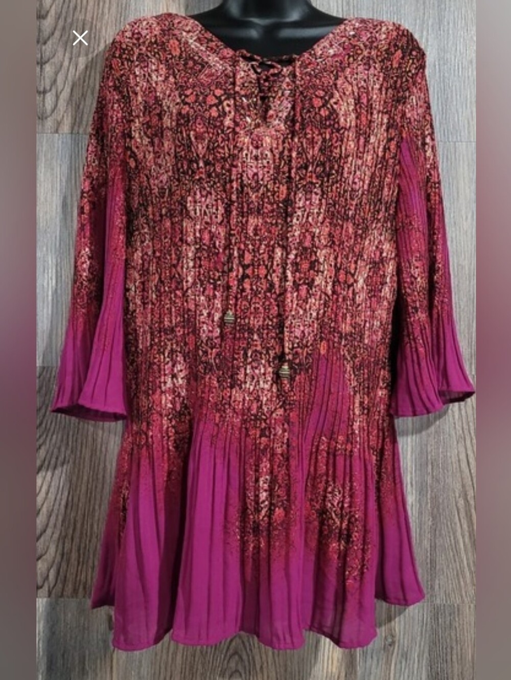 Catherines Magenta Flare Sleeve Pleated Lace-Up Boho Tunic Blouse